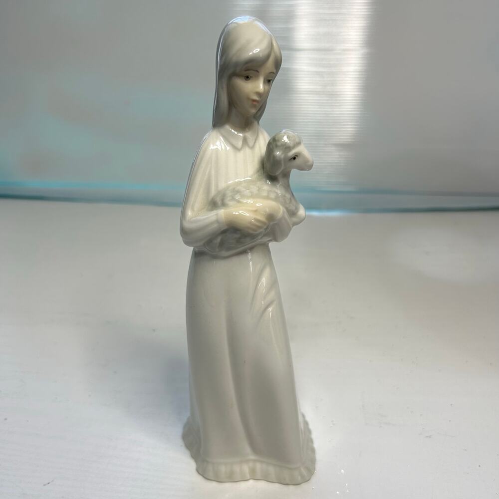 Vintage Porceval Lady With Lamb Porcelain Figurine 10"